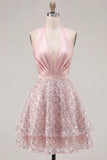 Halter Blush A-Line Neck Ruched Cocktail Dress with Sequins