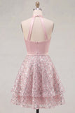 Halter Blush A-Line Neck Ruched Cocktail Dress with Sequins