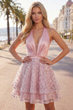 Halter Blush A-Line Neck Ruched Cocktail Dress with Sequins
