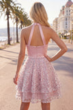 Halter Blush A-Line Neck Ruched Cocktail Dress with Sequins
