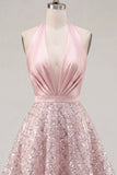 Halter Blush A-Line Neck Ruched Cocktail Dress with Sequins