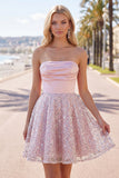 Blush A-Line Strapless Ruched Sequin Cute Party Dress