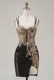 Black Satin Bodycon Appliqued Cocktail Dress with Slit