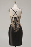 Black Satin Bodycon Appliqued Cocktail Dress with Slit