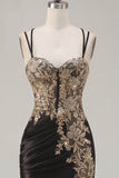 Black Satin Bodycon Appliqued Cocktail Dress with Slit