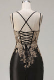 Black Satin Bodycon Appliqued Cocktail Dress with Slit