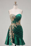 Dark Green Satin Bodycon Sweetheart Ruffled Cocktail Dress with Sash