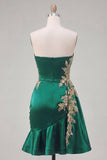 Dark Green Satin Bodycon Sweetheart Ruffled Cocktail Dress with Sash