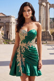 Dark Green Satin Bodycon Sweetheart Ruffled Cocktail Dress with Sash