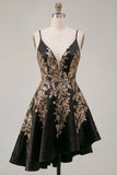 Black A-Line Satin Sequins Asymmetrical Cocktail Dress