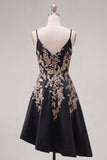Black A-Line Satin Sequins Asymmetrical Cocktail Dress