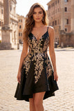 Black A-Line Satin Sequins Asymmetrical Cocktail Dress