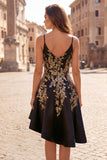 Black A-Line Satin Sequins Asymmetrical Cocktail Dress