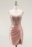 Strapless Blush Ruched Sheer Corset Beaded Cocktail Dress with Slit