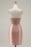 Strapless Blush Ruched Sheer Corset Beaded Cocktail Dress with Slit