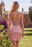 Strapless Blush Ruched Sheer Corset Beaded Cocktail Dress with Slit