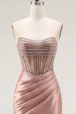 Strapless Blush Ruched Sheer Corset Beaded Cocktail Dress with Slit