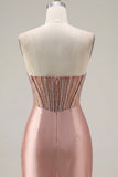 Strapless Blush Ruched Sheer Corset Beaded Cocktail Dress with Slit