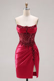 Strapless Burgundy Sheer Corset Bodycon Cocktail Dress with Slit
