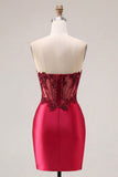 Strapless Burgundy Sheer Corset Bodycon Cocktail Dress with Slit