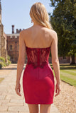 Strapless Burgundy Sheer Corset Bodycon Cocktail Dress with Slit