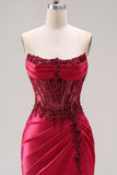 Strapless Burgundy Sheer Corset Bodycon Cocktail Dress with Slit