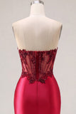 Strapless Burgundy Sheer Corset Bodycon Cocktail Dress with Slit