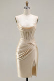 Champagne Sweetheart Satin Ruched Beaded Corset Party Dress with Slit