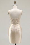 Champagne Sweetheart Satin Ruched Beaded Corset Party Dress with Slit