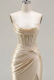 Champagne Sweetheart Satin Ruched Beaded Corset Party Dress with Slit