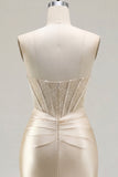 Champagne Sweetheart Satin Ruched Beaded Corset Party Dress with Slit