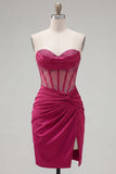 Burgundy Beaded Sweetheart Bodycon Sheer Corset Cocktail Dress with Slit