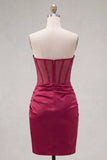 Burgundy Beaded Sweetheart Bodycon Sheer Corset Cocktail Dress with Slit