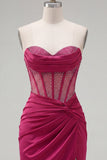 Burgundy Beaded Sweetheart Bodycon Sheer Corset Cocktail Dress with Slit