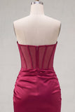 Burgundy Beaded Sweetheart Bodycon Sheer Corset Cocktail Dress with Slit