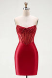 Red Strapless Beaded Bodycon Sheer Corset Cocktail Dress