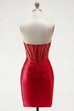 Red Strapless Beaded Bodycon Sheer Corset Cocktail Dress