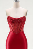Red Strapless Beaded Bodycon Sheer Corset Cocktail Dress