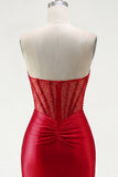 Red Strapless Beaded Bodycon Sheer Corset Cocktail Dress