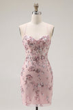 Sparkly Blush Bodycon Halter Sheer Corset Sequin Cocktail Dress