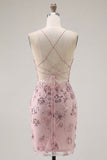 Sparkly Blush Bodycon Halter Sheer Corset Sequin Cocktail Dress