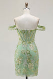 Green Floral Off the Shoulder Bodycon Corset Cocktail Dress