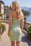 Green Floral Off the Shoulder Bodycon Corset Cocktail Dress
