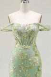 Green Floral Off the Shoulder Bodycon Corset Cocktail Dress