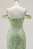 Green Floral Off the Shoulder Bodycon Corset Cocktail Dress