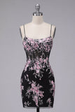 Black Pink Flower Bodycon Sheer Corset Cocktail Dress with Lace Up Back
