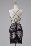 Black Pink Flower Bodycon Sheer Corset Cocktail Dress with Lace Up Back