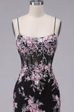 Black Pink Flower Bodycon Sheer Corset Cocktail Dress with Lace Up Back