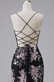 Black Pink Flower Bodycon Sheer Corset Cocktail Dress with Lace Up Back