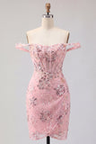 Off the Shoulder Blush Bodycon Sheer Corset Party Dress with Sequins